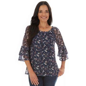 Apt. 9 Women's Floral Mesh Flounce Top Bell Sleeves Round Neck Blue Size Medium